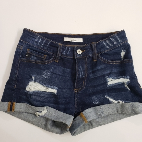 Kancan Estilo Women's Mid Rise Dark Wash Distressed Cuffed Denim Shorts Sz 5 - Picture 1 of 4